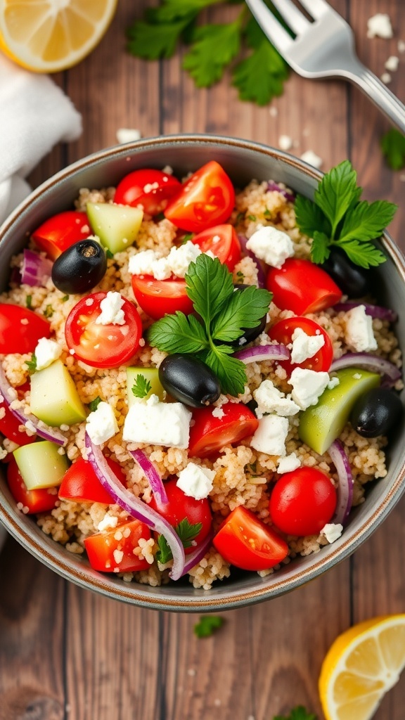 A vibrant Mediterranean quinoa salad with tomatoes, cucumbers, olives, and feta cheese on a rustic table.
